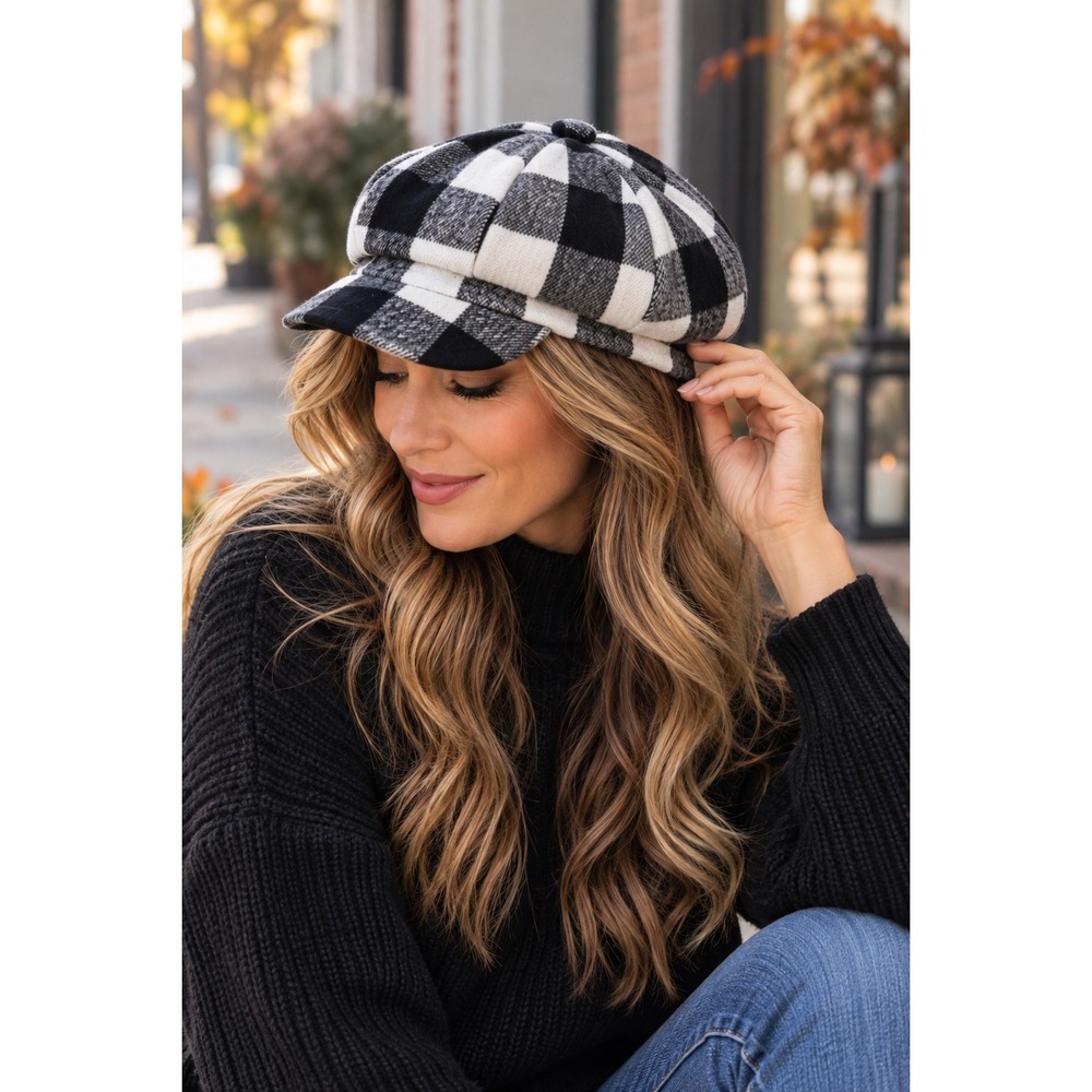Black and White Buffalo Plaid Newsboy Cap Baker Boy Hat Elastic Back